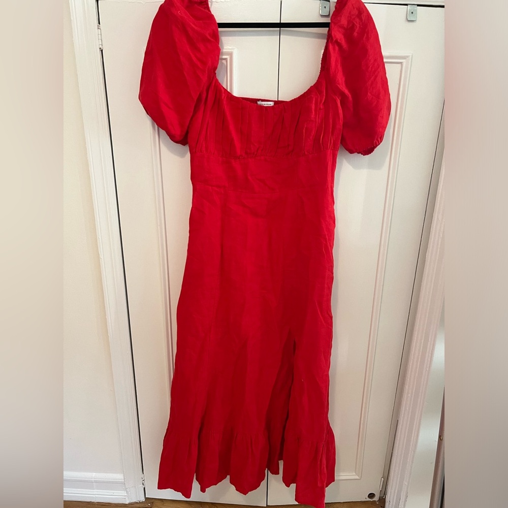 & Other Stories Puff Sleeve Linen Midi Dress in red